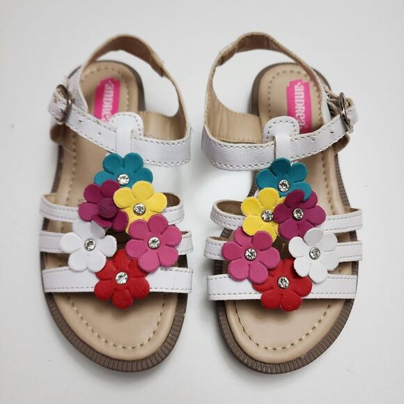 Girls Andrea White & Colorful Flower Floral Sandals Size 10 - Picture 1 of 12